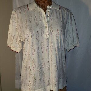 Ladies Vintage LBH Golf Polo Shirt Printed w/Leaves & VInes on Cream - S